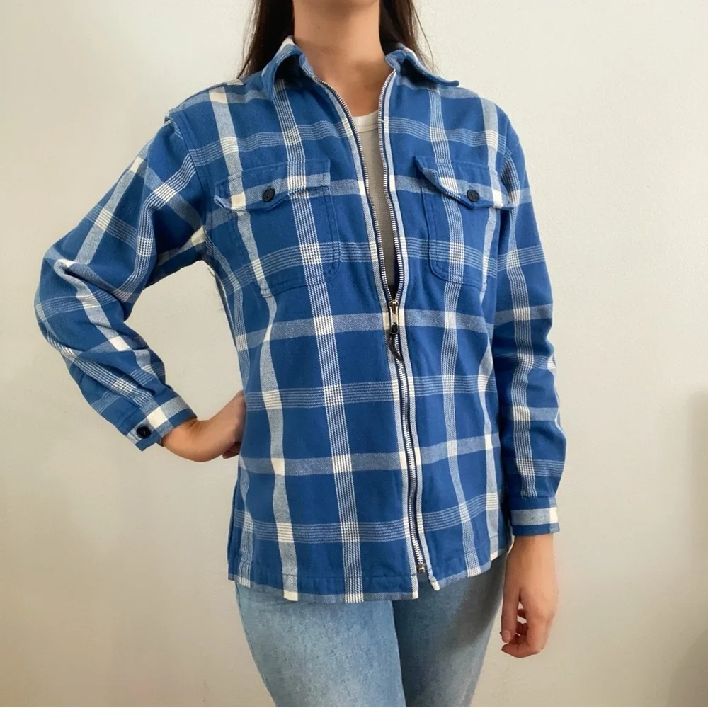 Vintage 90s Jones Sport blue plaid shacket jacket top small petite collared